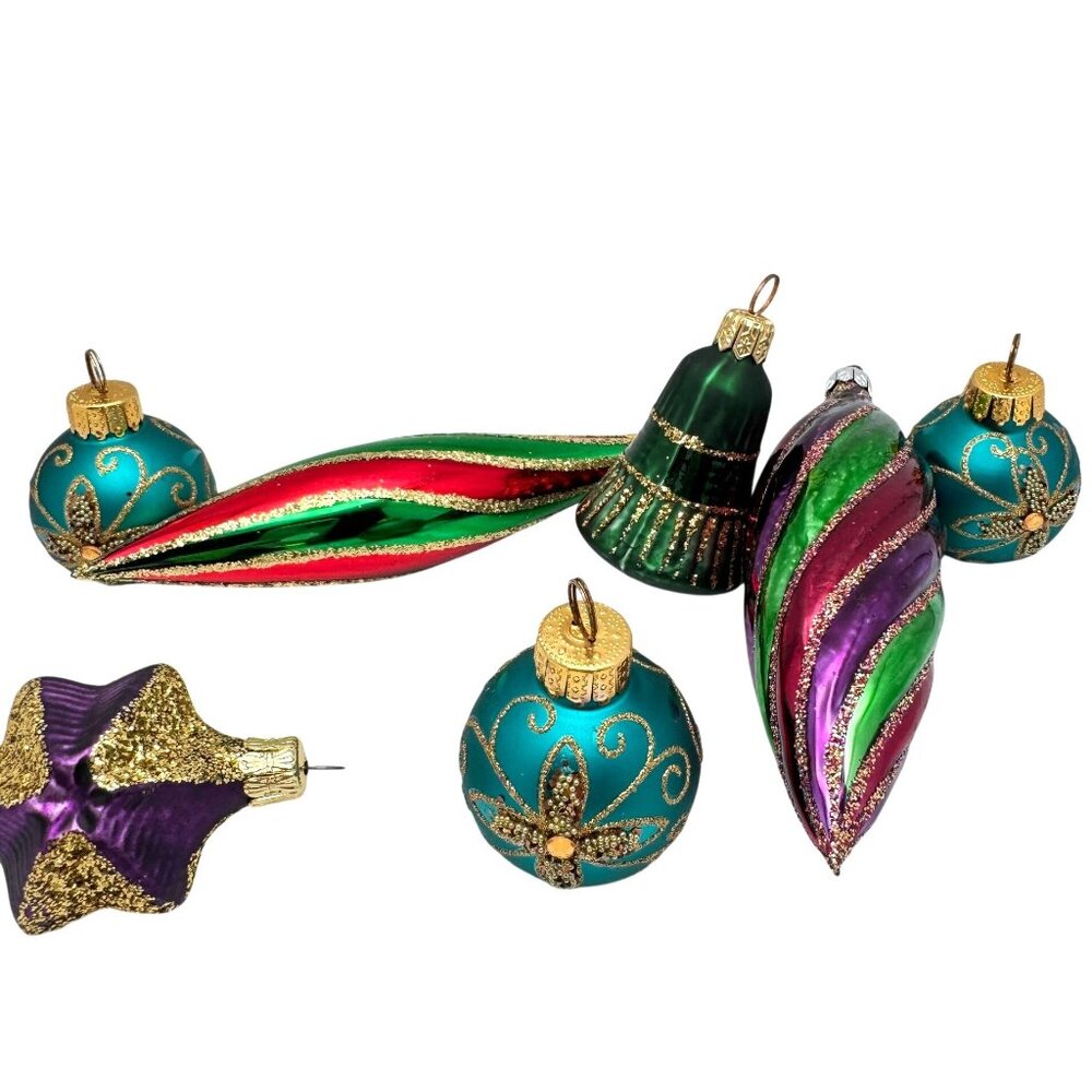 Christmas Ornaments Slovakia Set Of 7 Hand-Painted Vtg Glass Multicolor Glitter